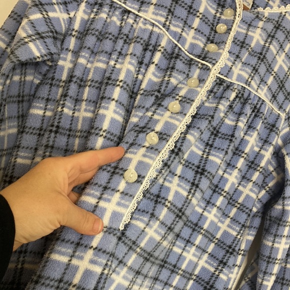 Lanz of Salzburg Nightgown Womens Medium Blue White Plaid Fleece PJs Pockets - Picture 6 of 13